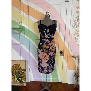 Black Halo Floral Sheath Dress Navy Sweetheart Spaghetti Strap Size 4